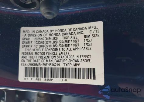 2015 Honda Cr-V Ex from USA, damaged, VIN 2HKRM3H59FH516219